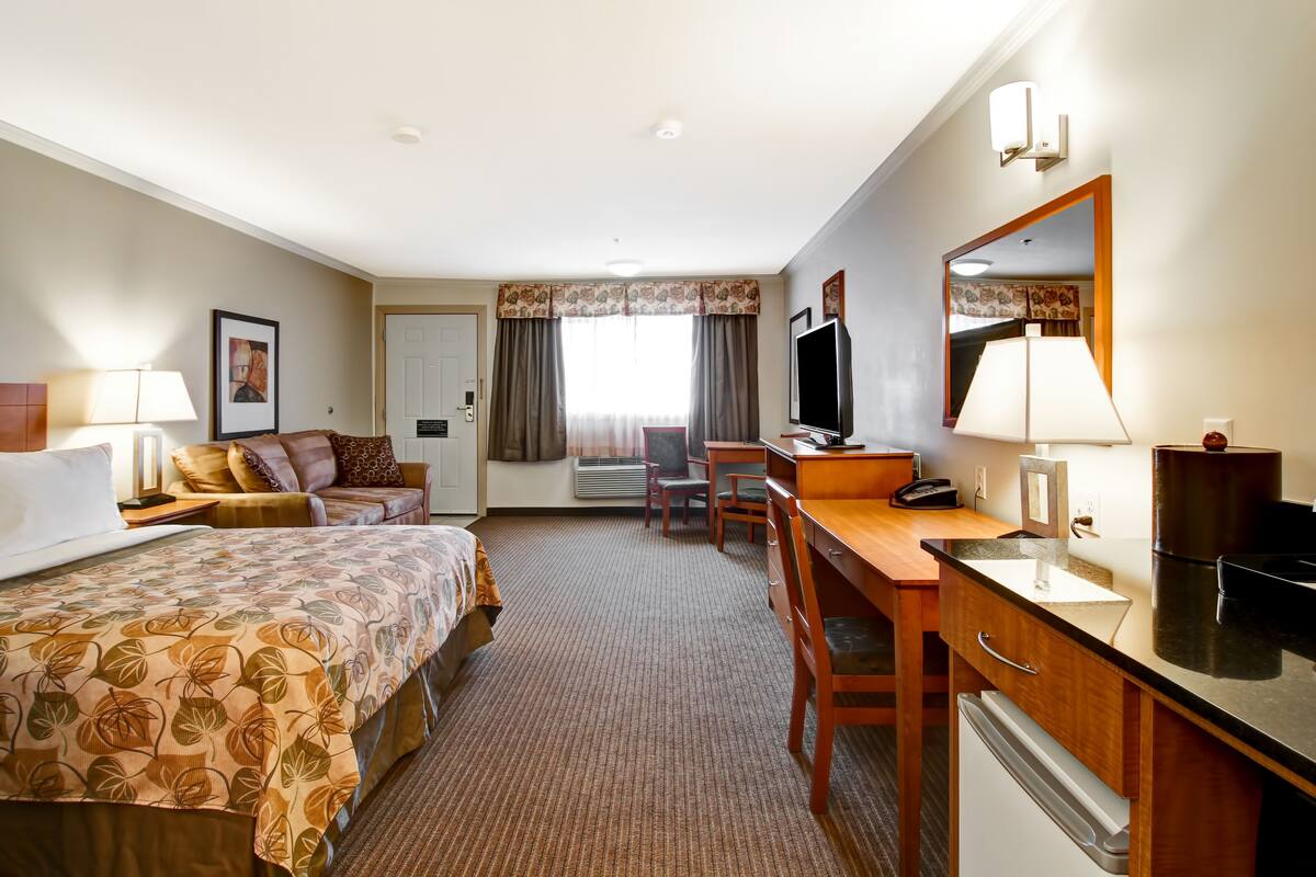 A hotel room with a bed, desk, chair, and a television.