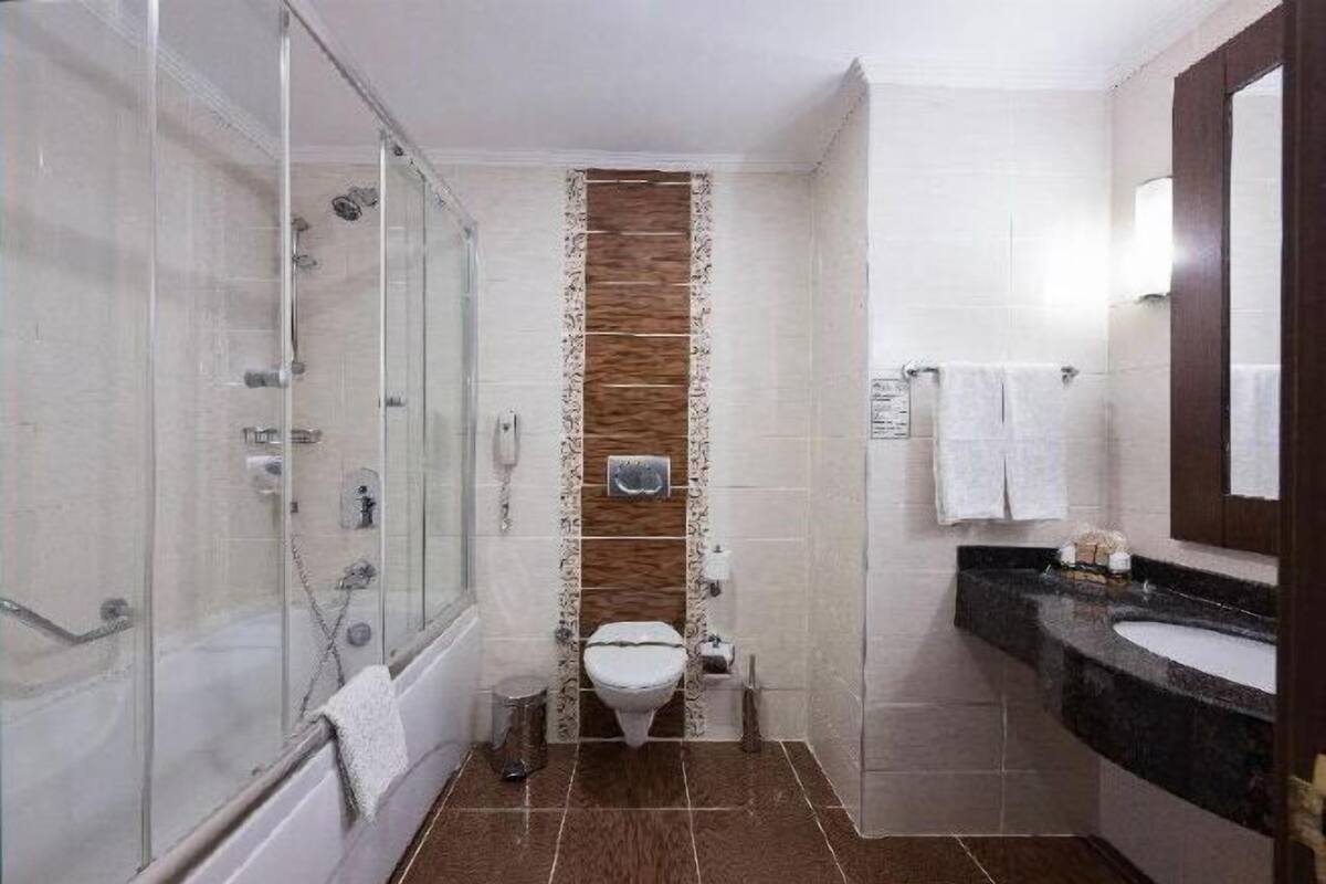 Combined shower/bathtub, deep-soaking bathtub, free toiletries