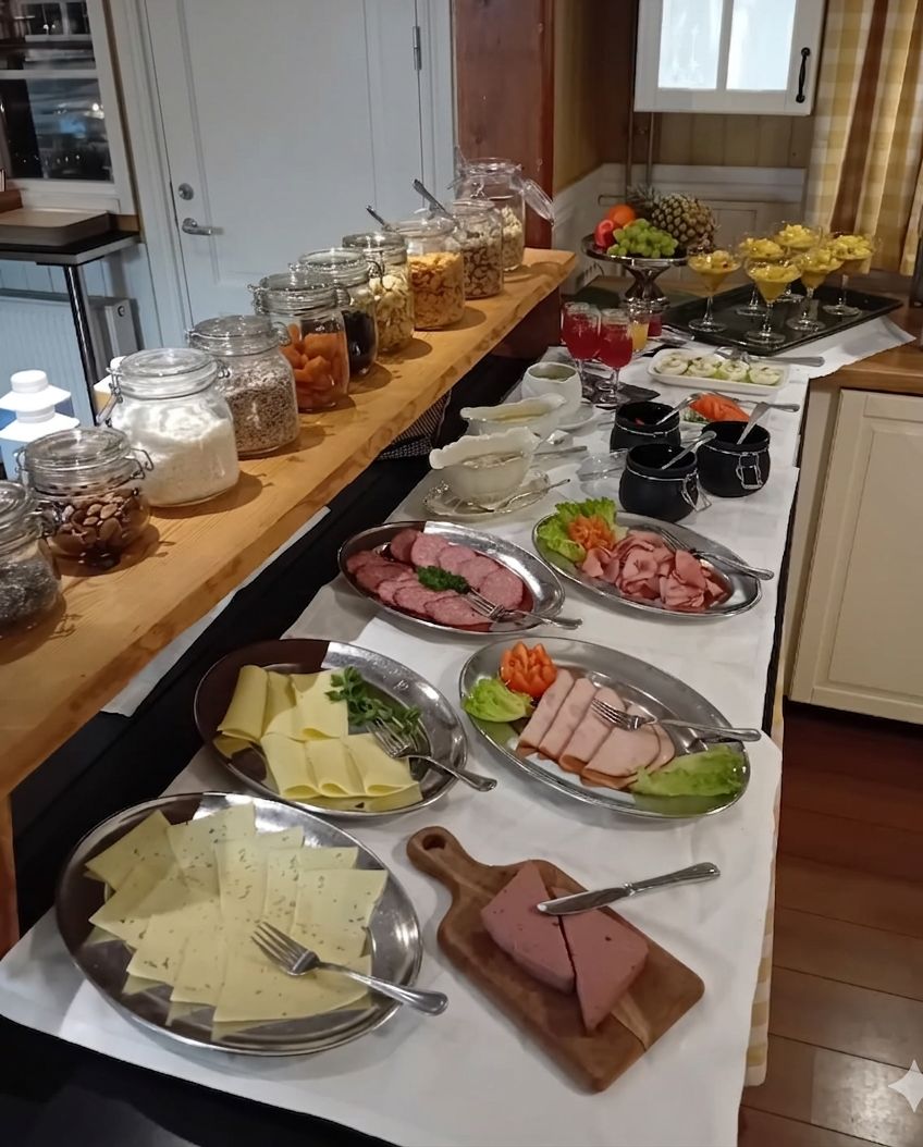 A buffet setup with various food items and condiments.