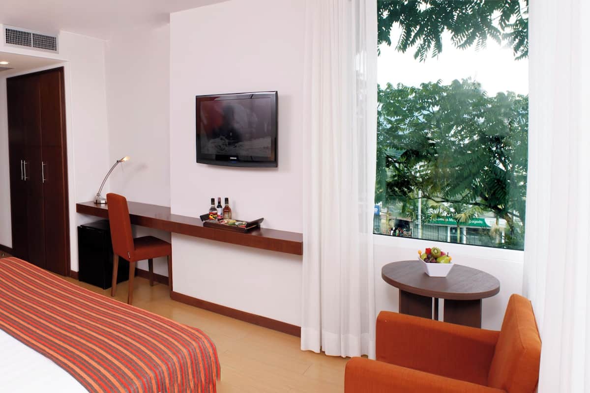 Ein Hotelzimmer mit Bett, Schreibtisch, Fernseher und Fenster mit Blick auf Bäume.