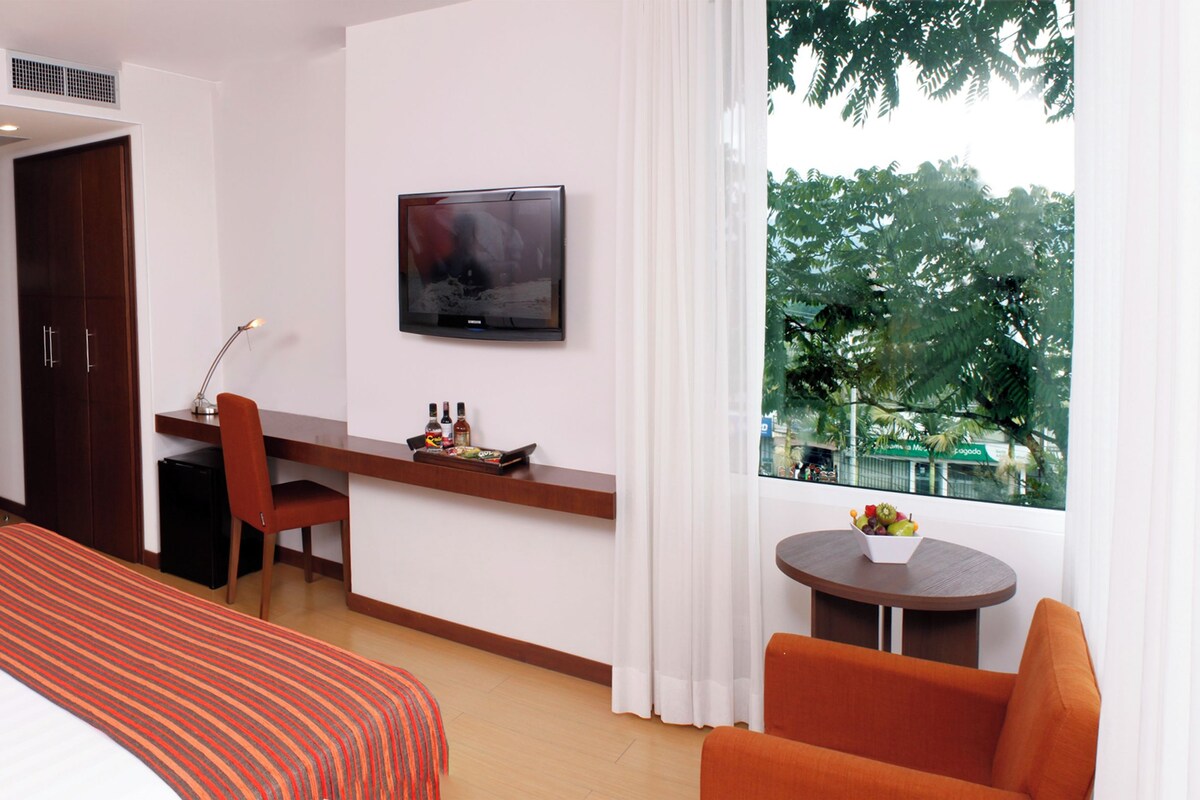 A hotel room with a bed, a desk, a TV, and a window with a view of trees.