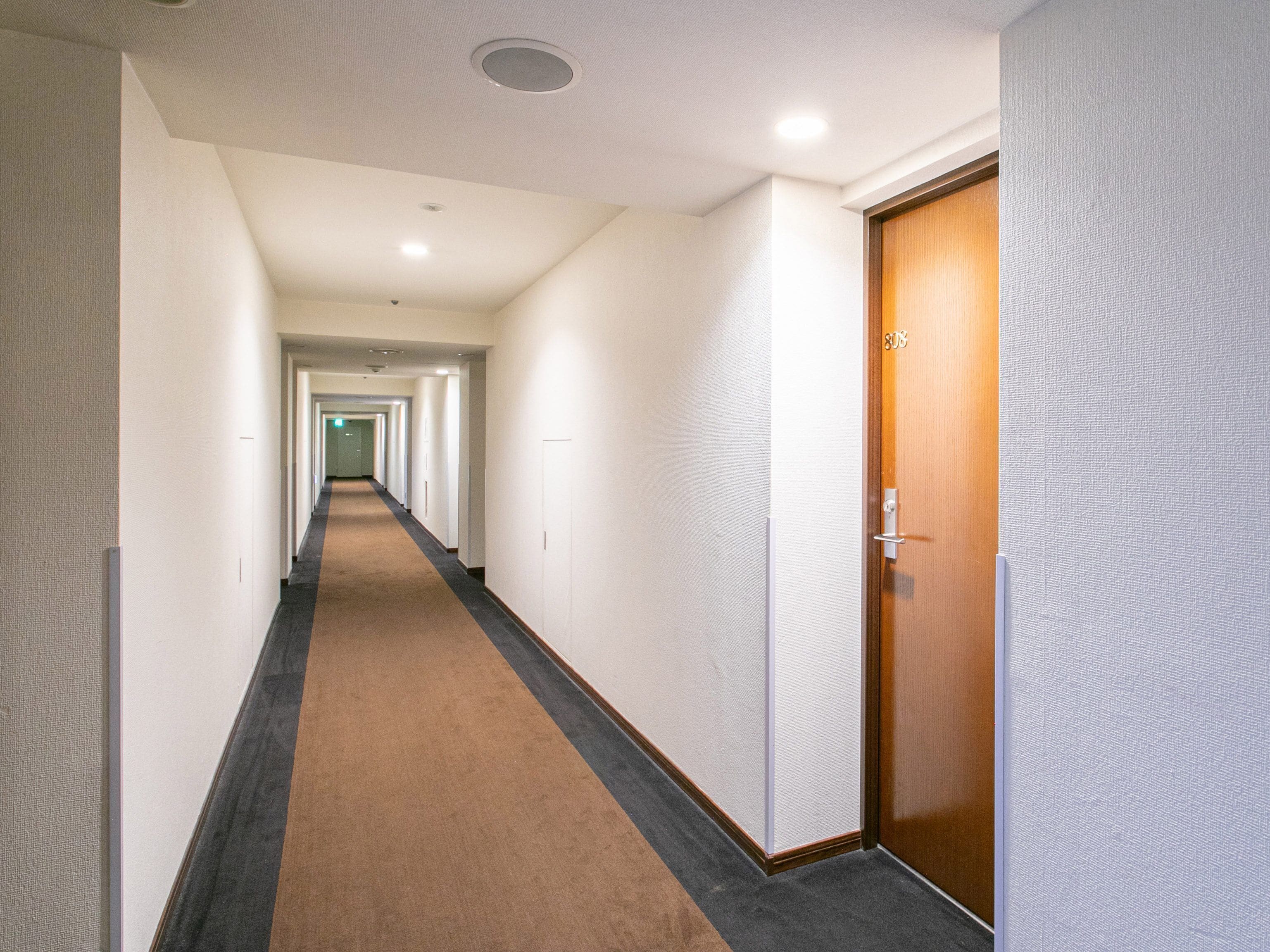 A long, narrow hallway with a carpeted floor and white walls.