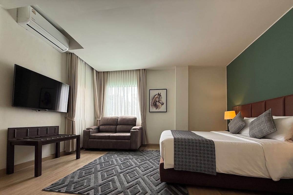 A hotel room with a bed, a sofa, a TV, and an air conditioning unit.