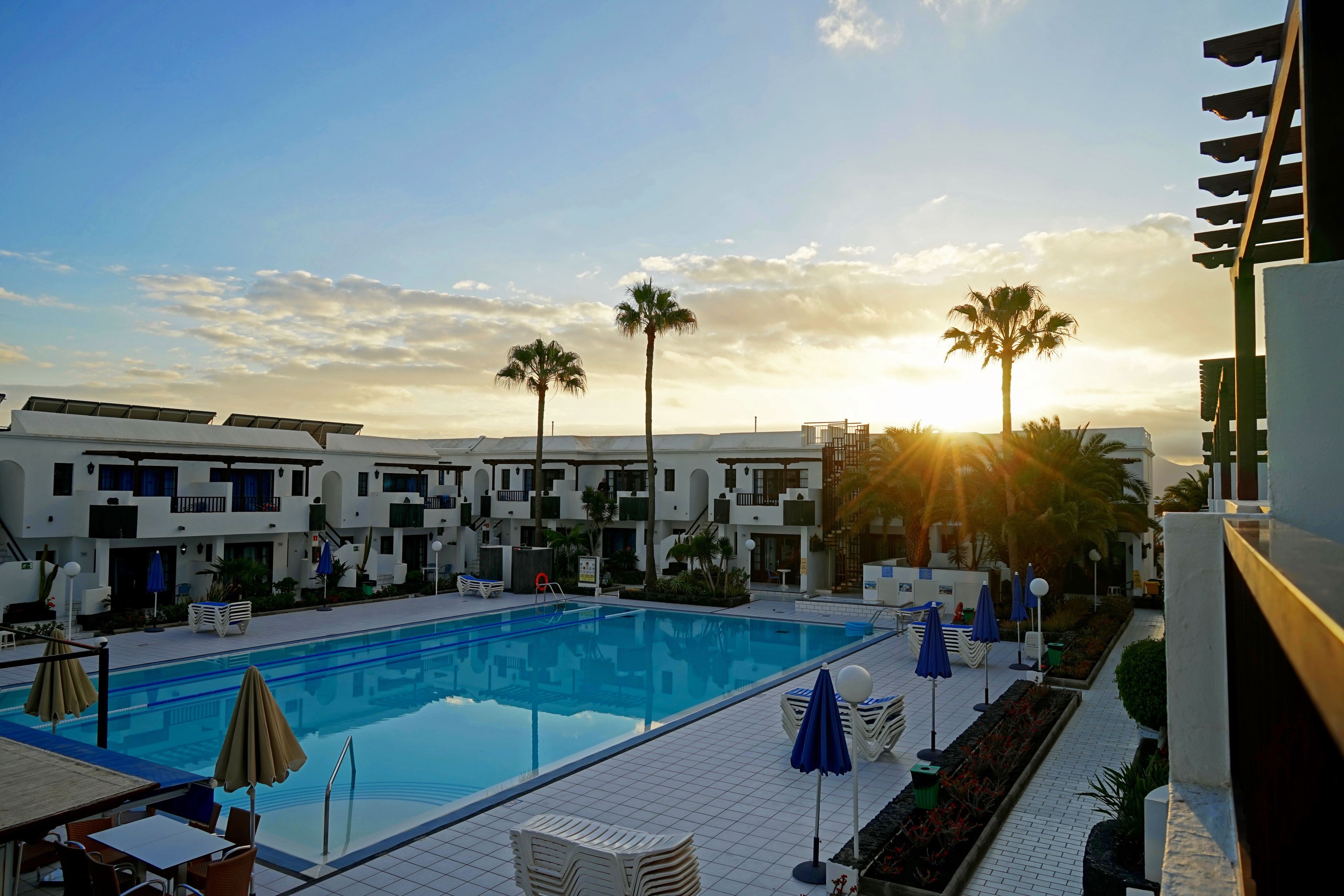 A swimming pool with lounge chairs and umbrellas, surrounded by a building with balconies and palm trees.