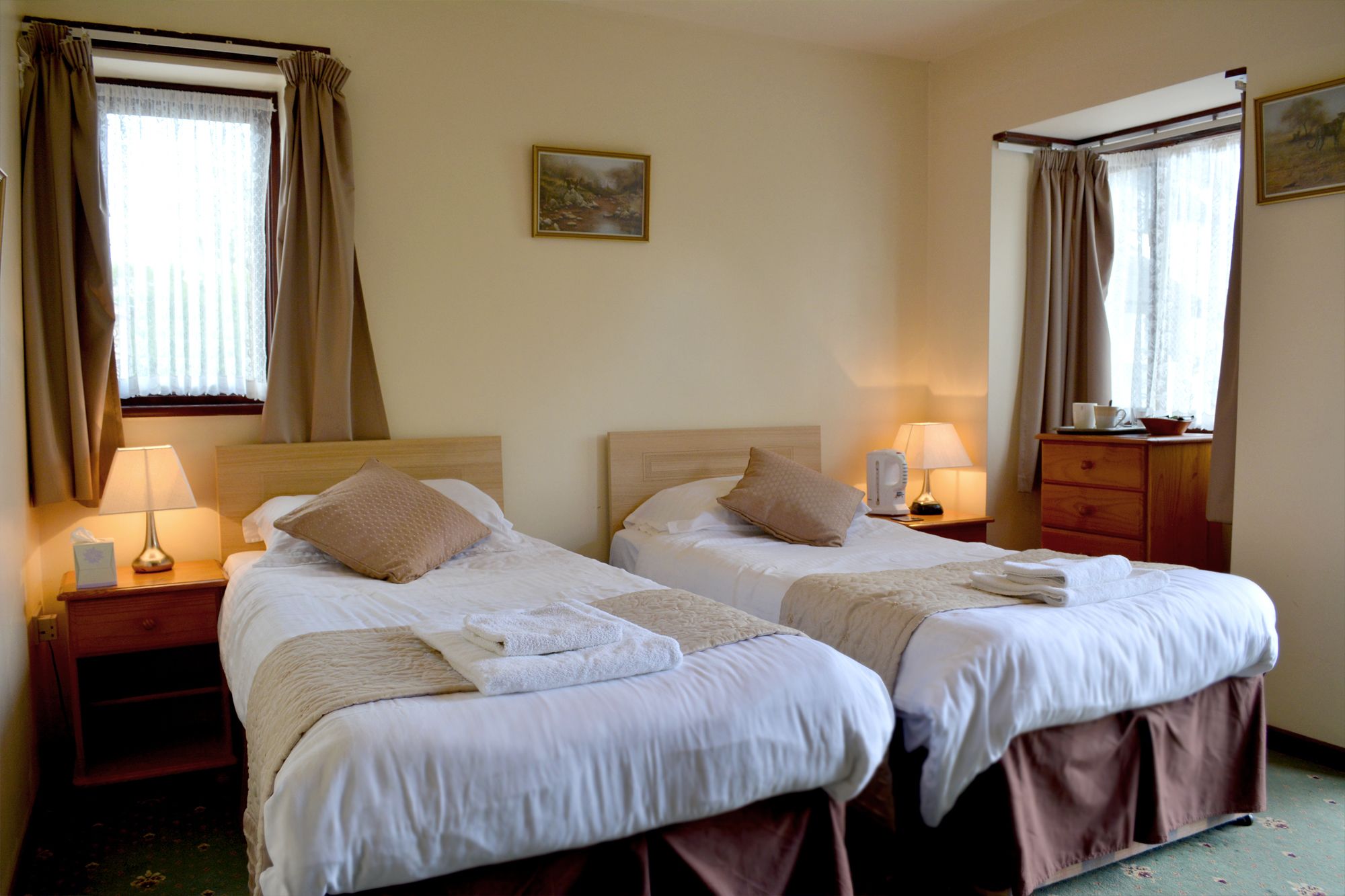 Een hotelkamer met twee bedden, elk voorzien van een kussen, een nachtkastje met een lamp en een klein kastje.