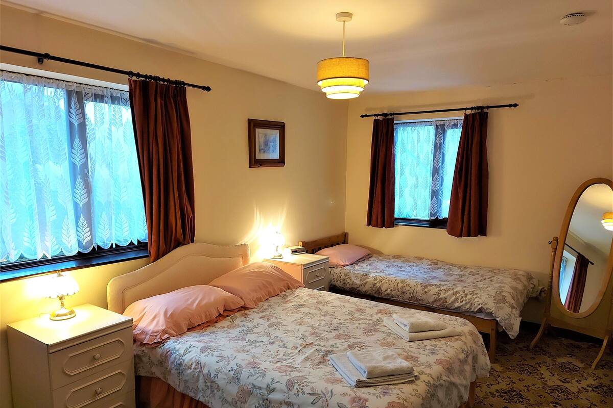 A room with two beds, a bedside table with a lamp, a dresser, and a mirror.