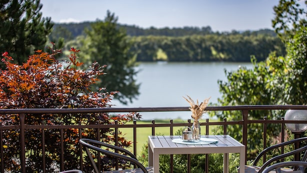 A balcony with a view of a lake, surrounded by trees and a metal railing. - Resort-Restaurant Štilec (Kamenný Újezd)