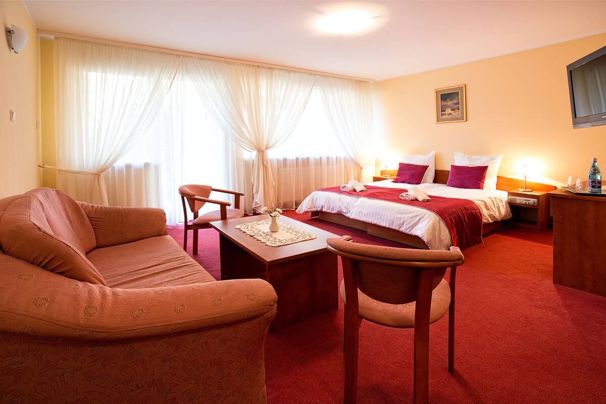 A hotel room with a bed, a sofa, a table, and a chair.