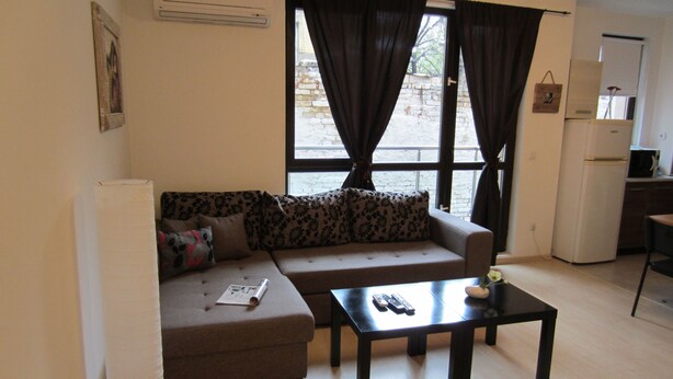 A living room with a sofa, a coffee table, and a refrigerator. - Apartment Gurguliat Sofia (Sofia)