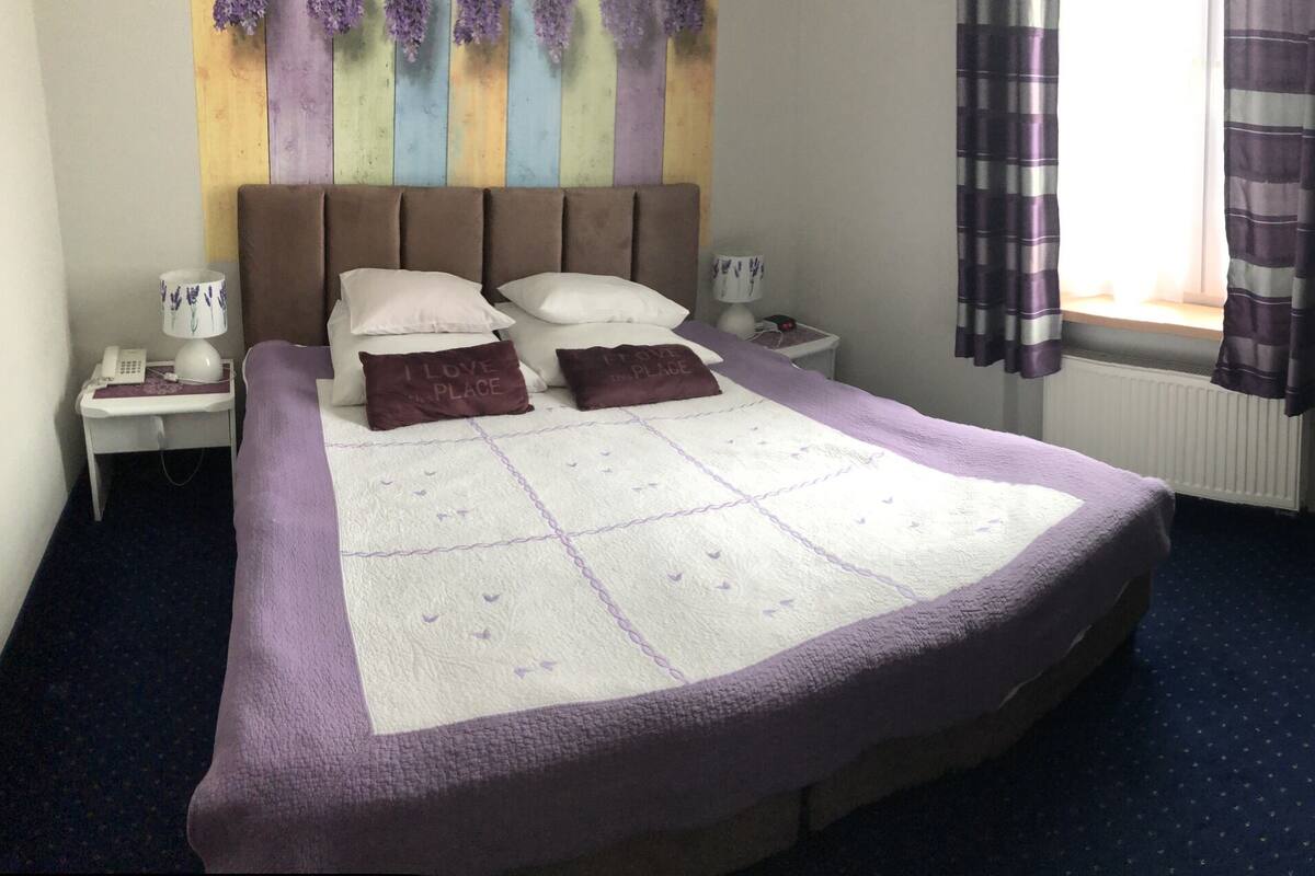 A hotel room with a bed, a desk, a chair, a TV, and a window with curtains.