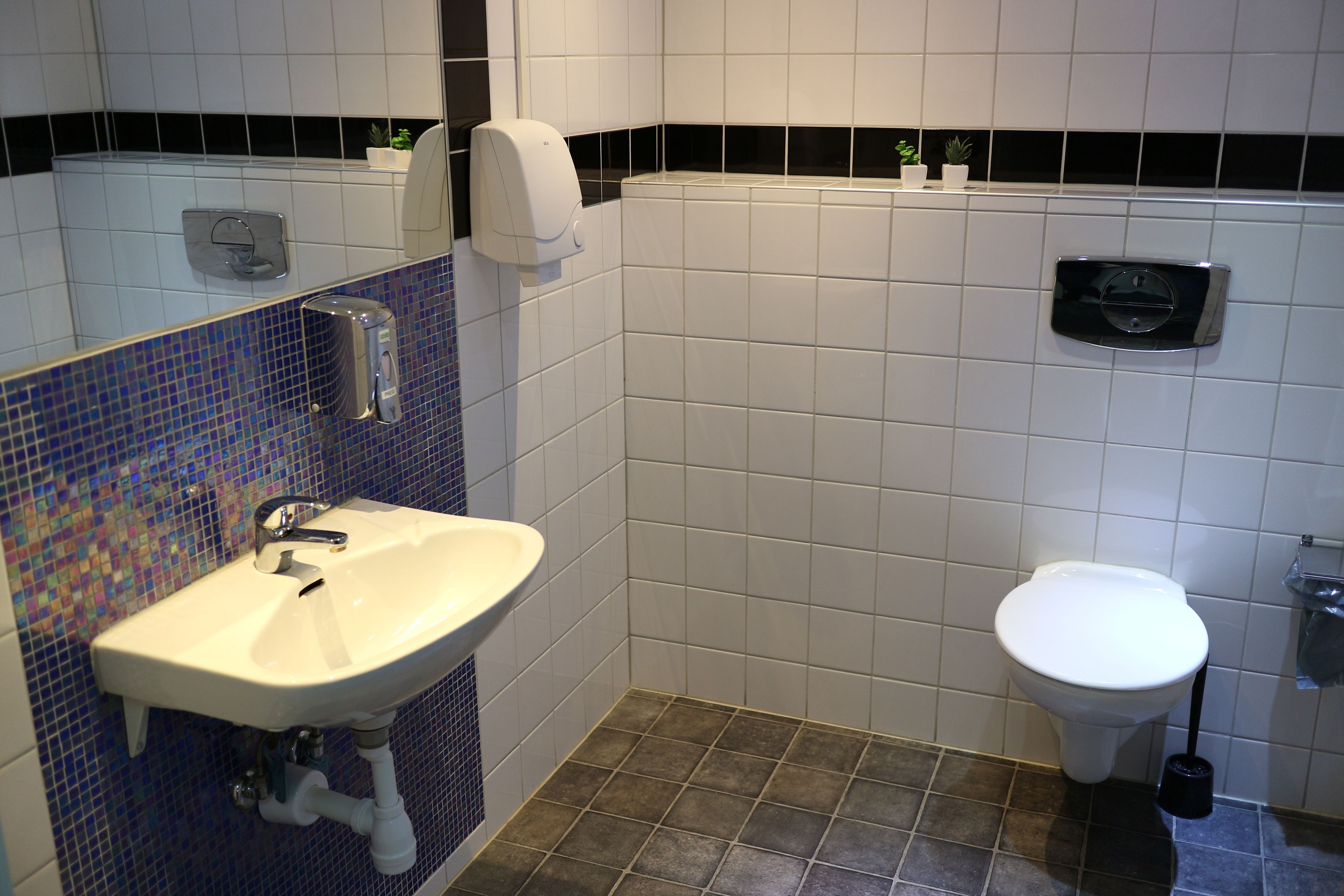 Un baño con un lavabo blanco, un inodoro y un secador de manos.
