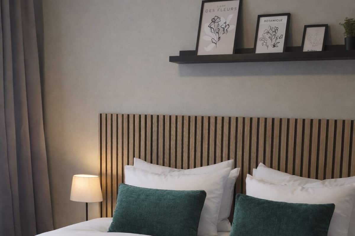 A neatly made bed with white and green pillows, a beige textured blanket, and a wooden headboard.