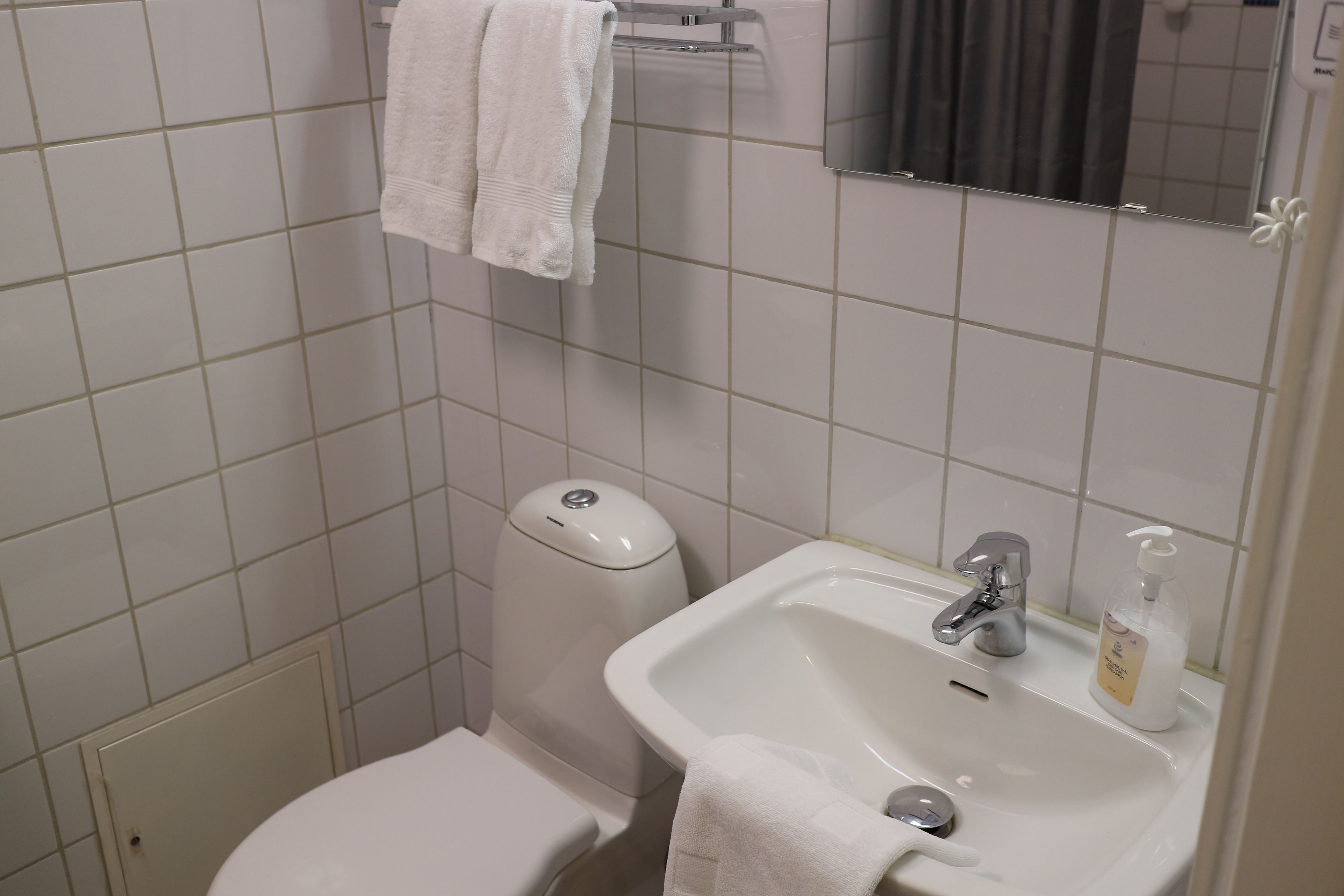 Ein Badezimmer mit Toilette, Waschbecken und Spiegel.