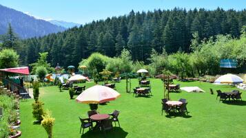 Guests can enjoy meals and drinks in a serene outdoor setting surrounded by lush greenery and trees.