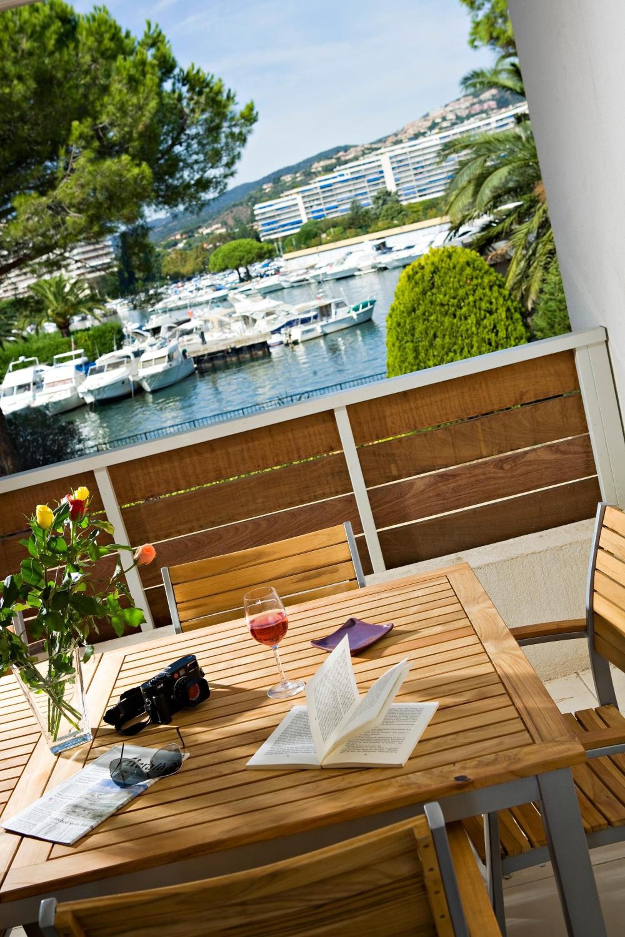 A wooden table with a book, a camera, and a wine glass on a balcony overlooking a marina with boats and a cruise ship in the background.