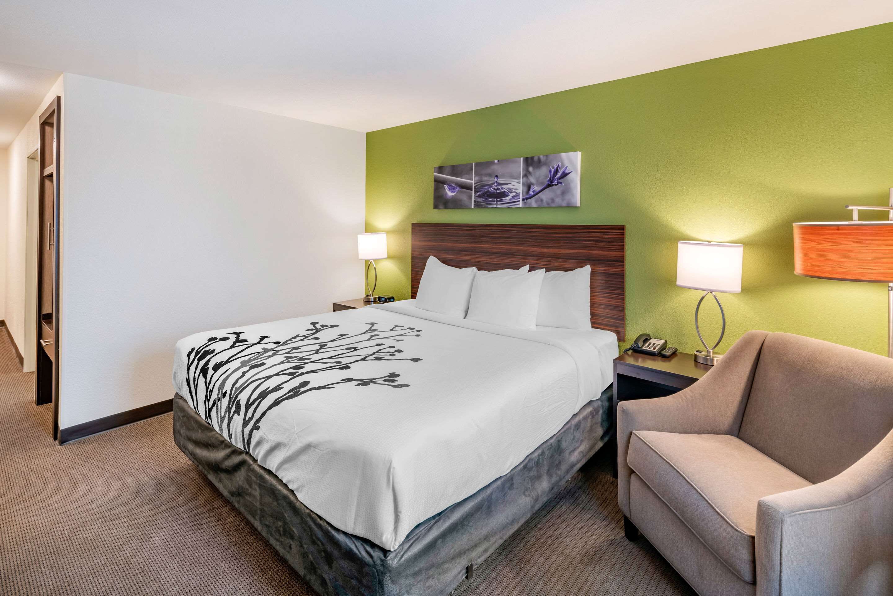 A hotel room with a bed, a chair, a nightstand with a lamp, and a wall art piece.