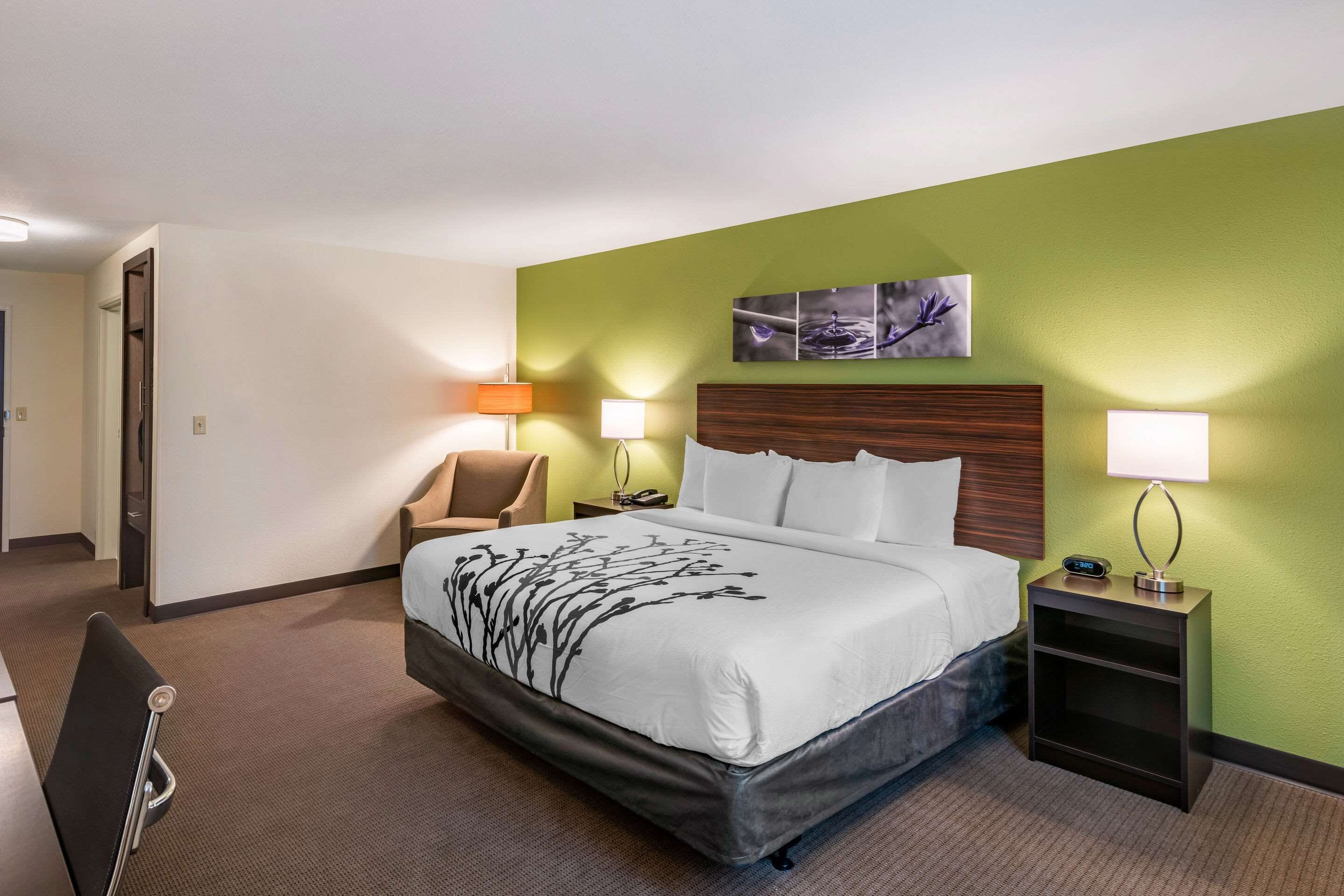 A hotel room with a bed, two bedside lamps, a chair, a nightstand, and a wall art piece.