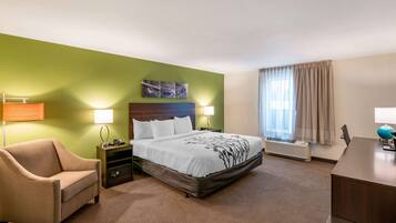 A hotel room with a bed, a chair, a desk, a lamp, a heater, and a window with curtains.