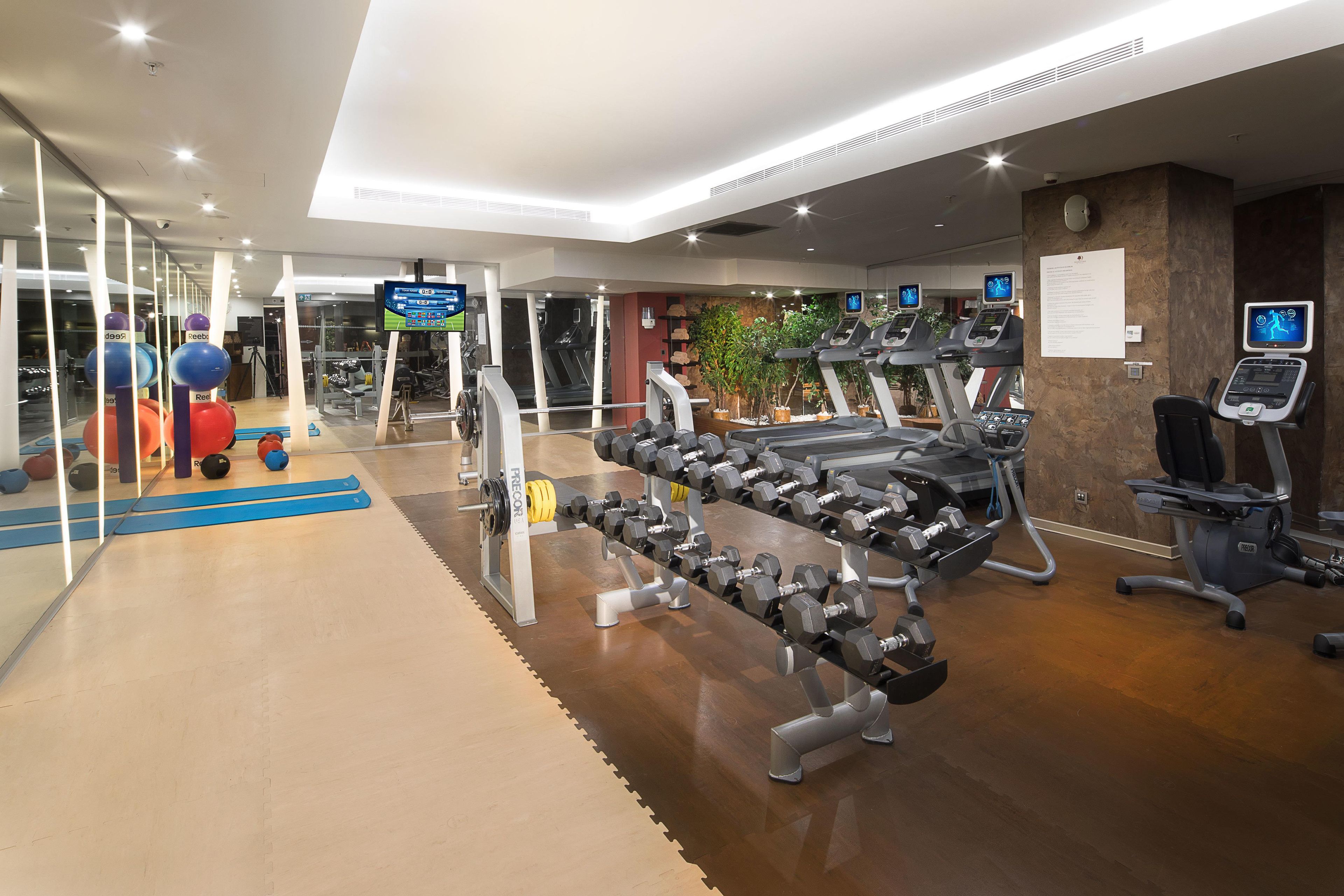 A modern gym with treadmills, dumbbells, and exercise balls.