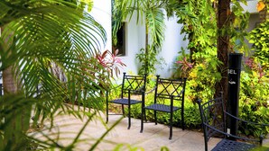 Un patio con dos sillas de metal negro y una pequeña mesa, rodeado de abundante follaje y un edificio blanco.