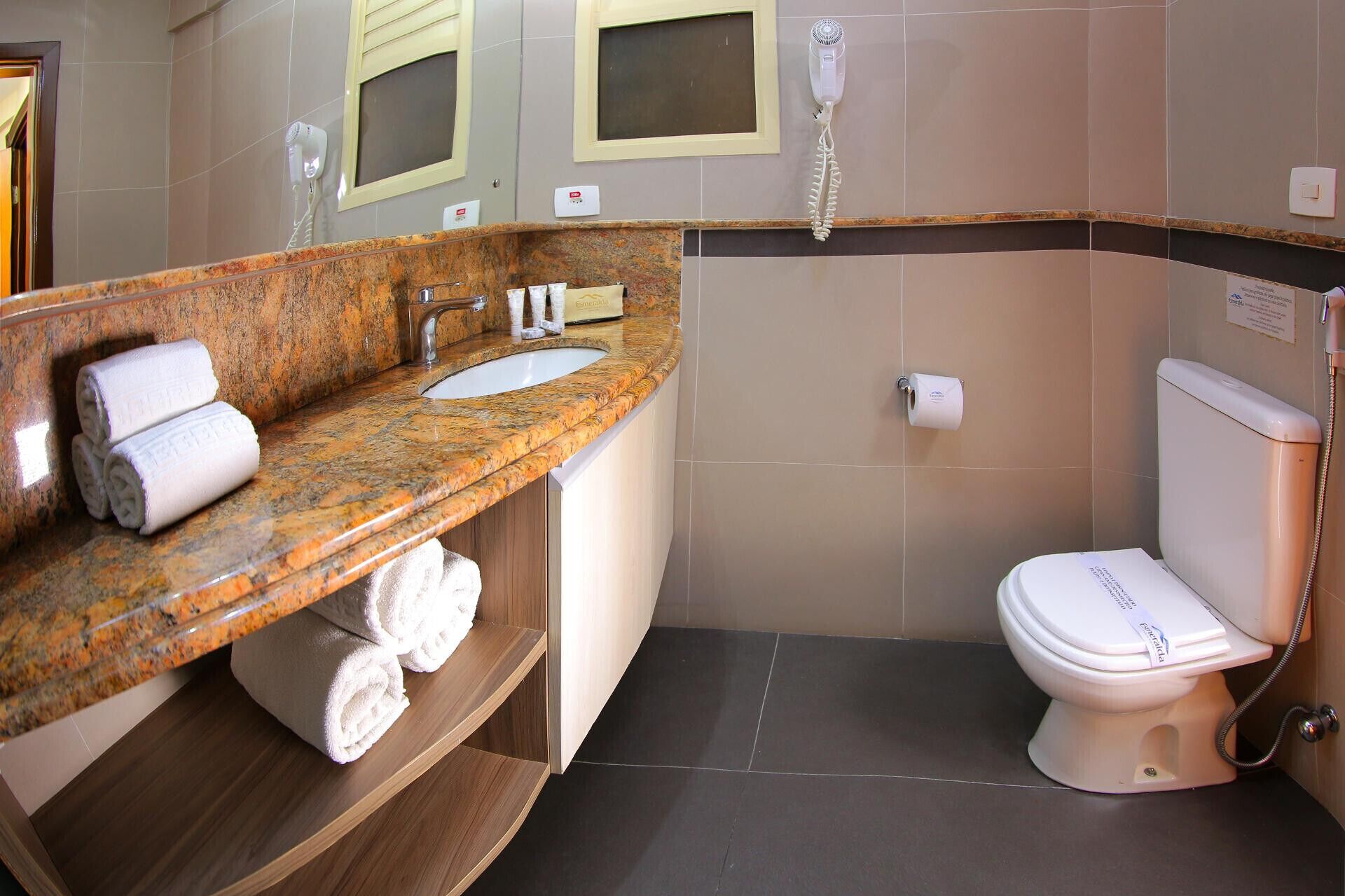 bathroom | shower, designer toiletries, hair dryer, towels