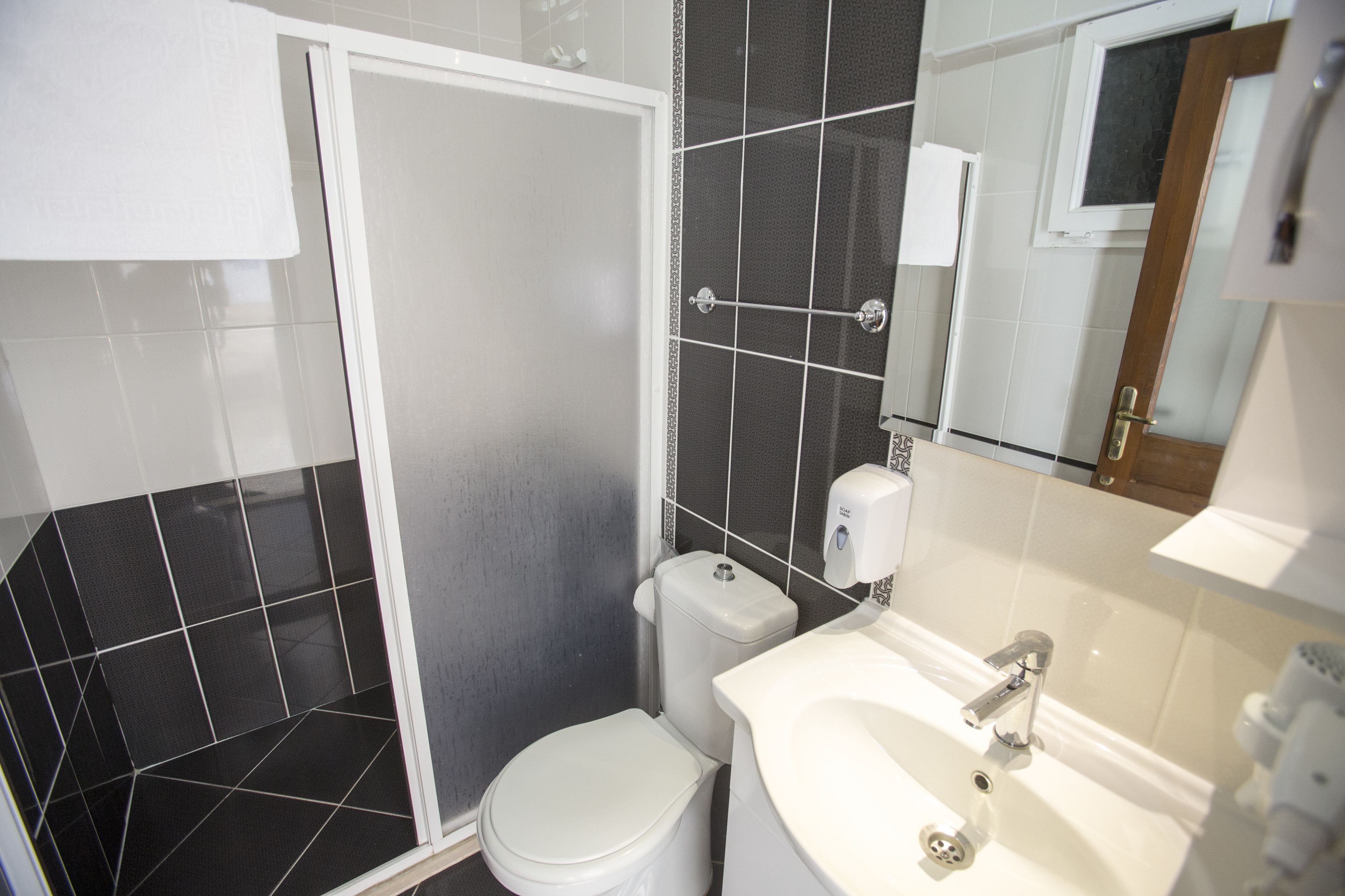 shower, free toiletries, hair dryer, towels