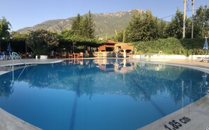 Seasonal outdoor pool, pool umbrellas