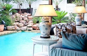 Outdoor pool, pool umbrellas, pool loungers