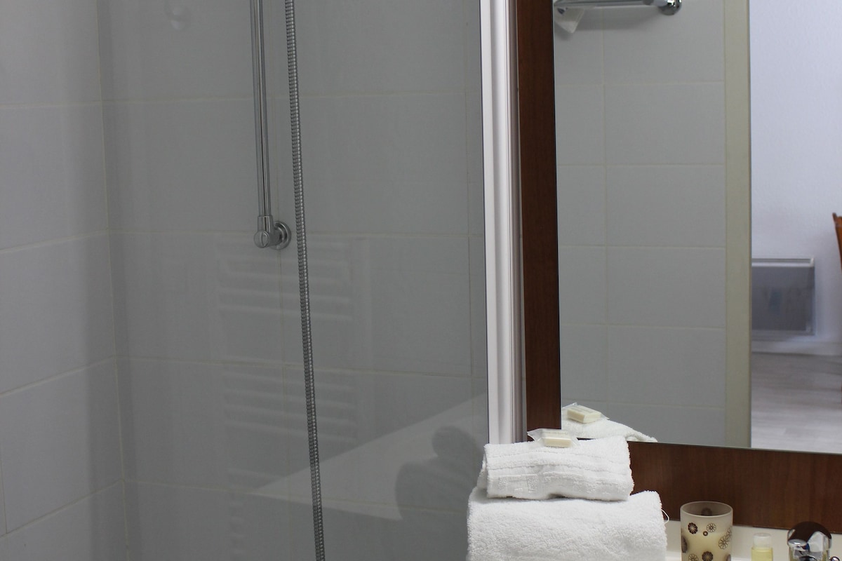 A bathroom with a shower, sink, and mirror.