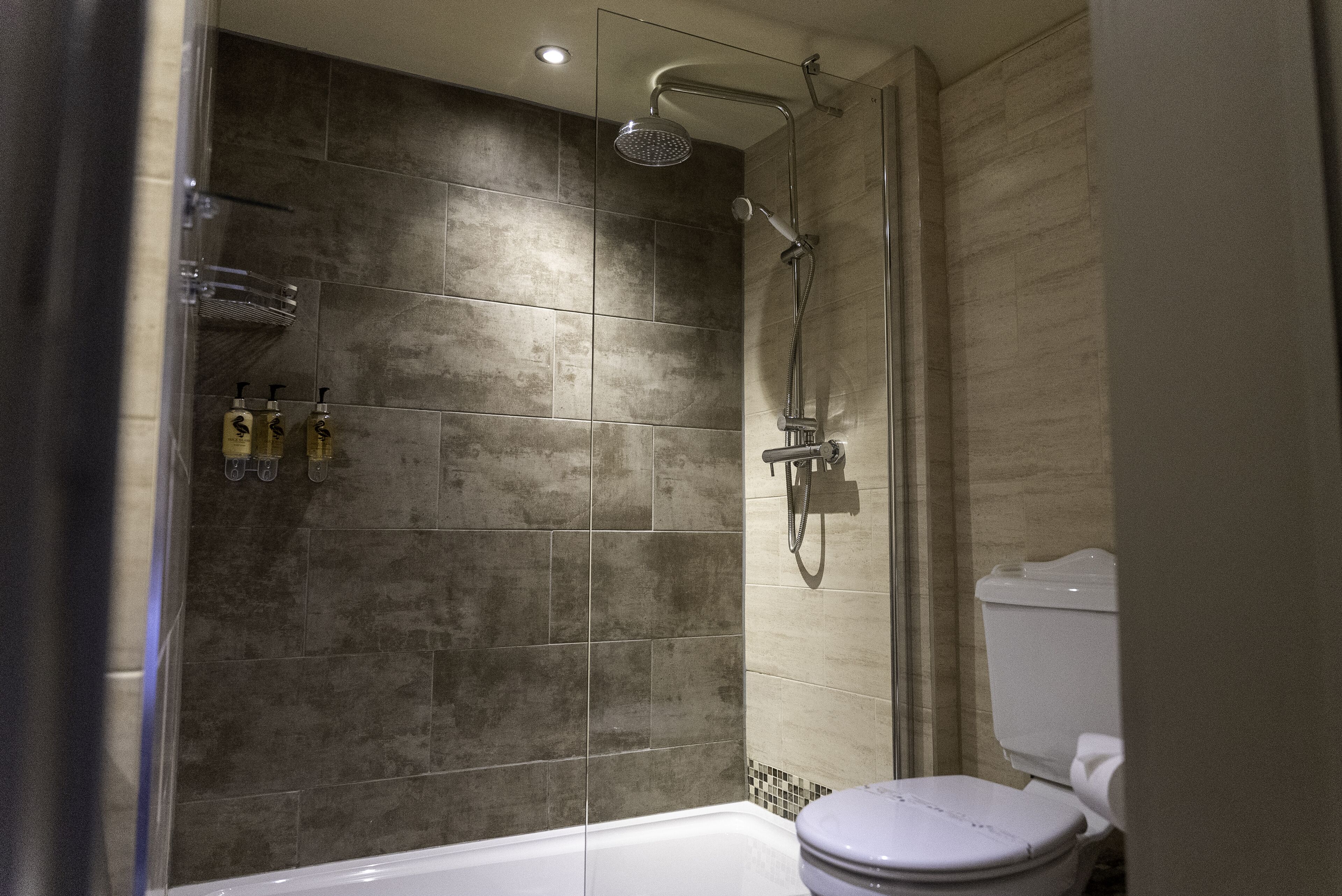 A bathroom with a shower, toilet, and tiled walls.