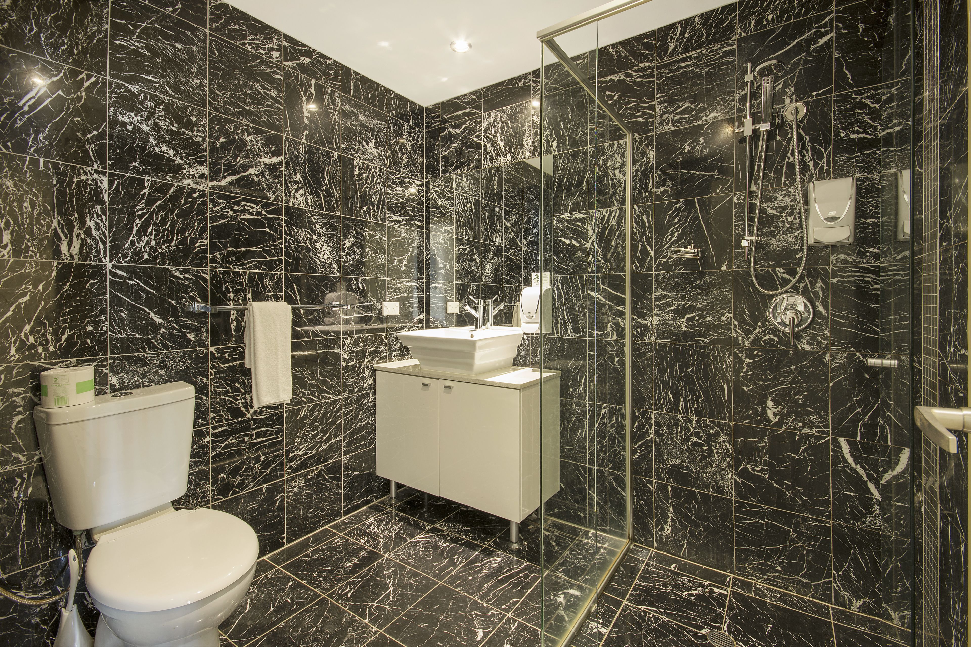 shower, free toiletries, hair dryer, towels