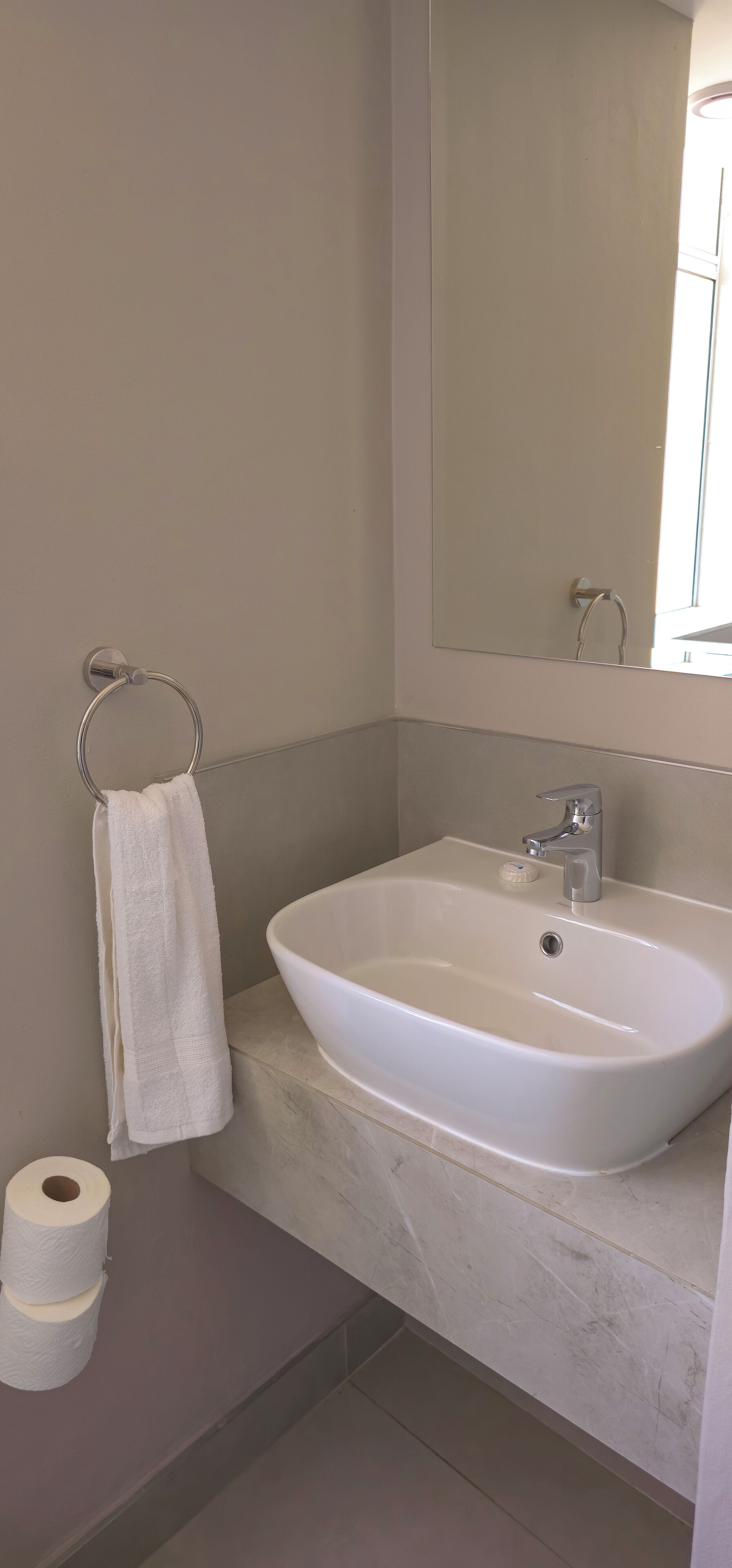 A bathroom with a white sink, a towel ring, and a mirror.
