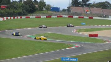 A race track with multiple cars in motion, surrounded by safety barriers and greenery.