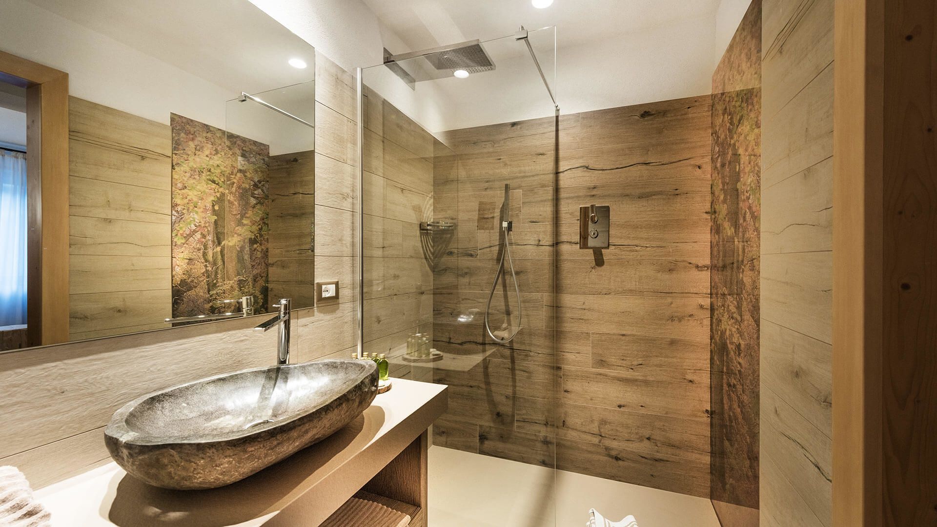 luxury double room | bathroom | rainfall showerhead, designer toiletries, hair dryer, bathrobes