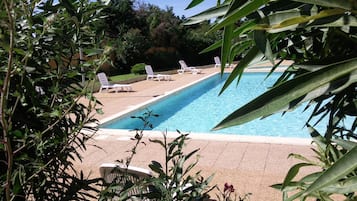 Seasonal outdoor pool, open 10:00 AM to 9:00 PM, pool loungers