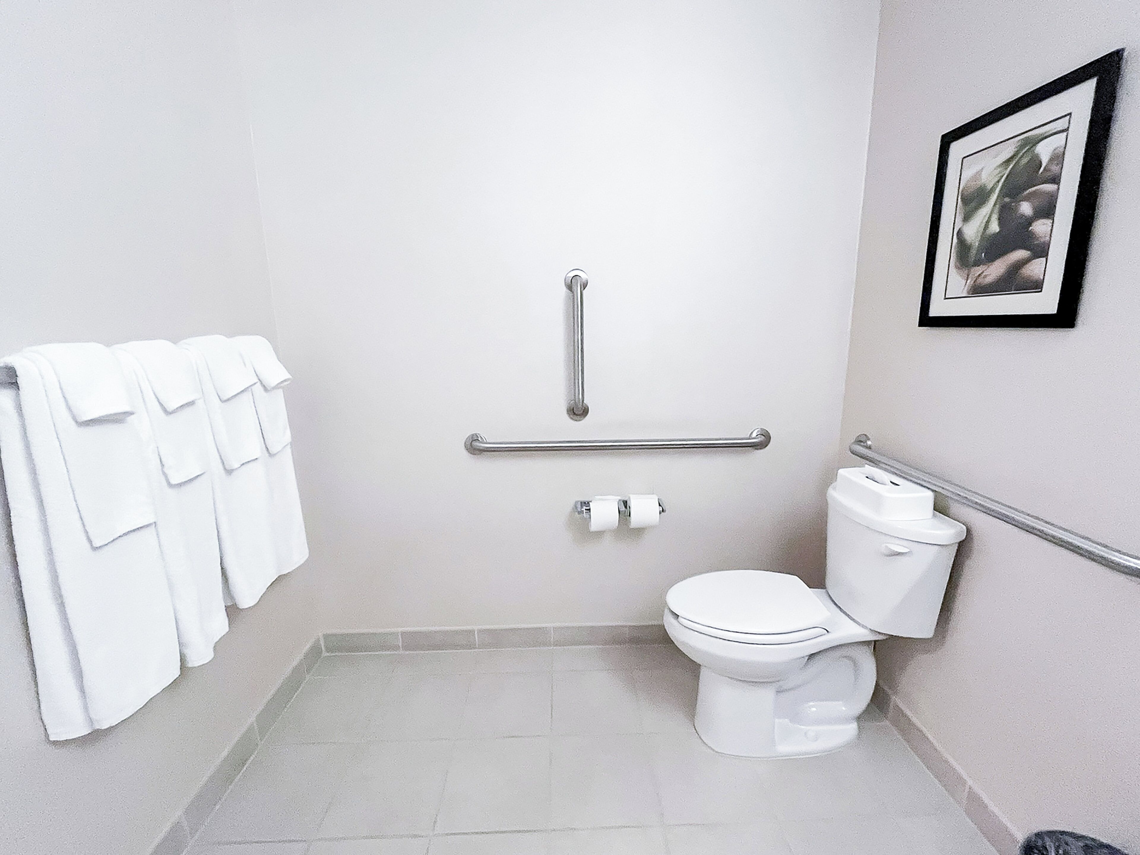 Ein kleines, sauberes Badezimmer mit Toilette, Haltegriffen und Handtuchhalter.