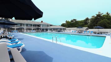 Seasonal outdoor pool, pool umbrellas, pool loungers