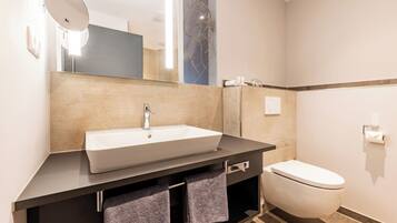 A modern bathroom with a large sink, mirror, and toilet.