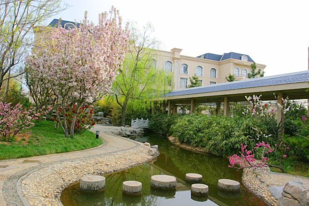 Un jardín ajardinado con un estanque, piedras para pisar y un edificio con una galería techada.