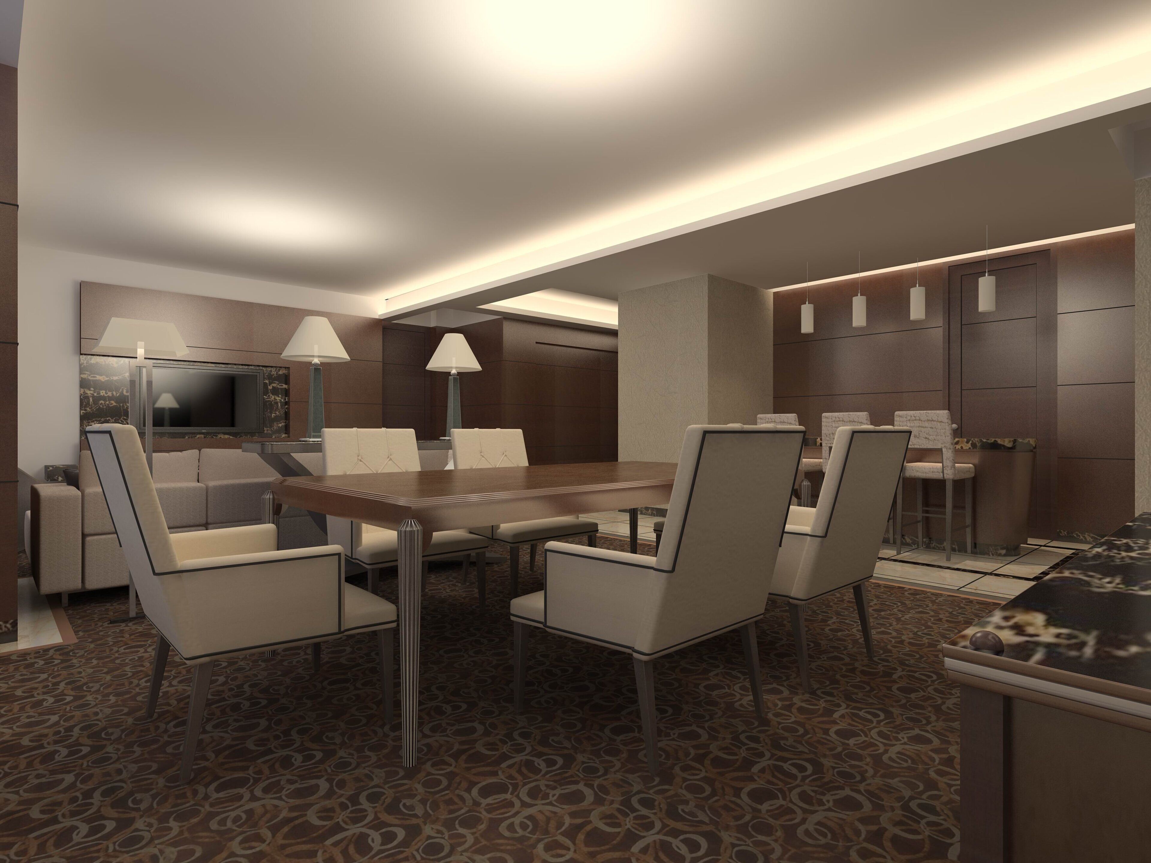A modern hotel room with a dining area, a television, and a minibar.