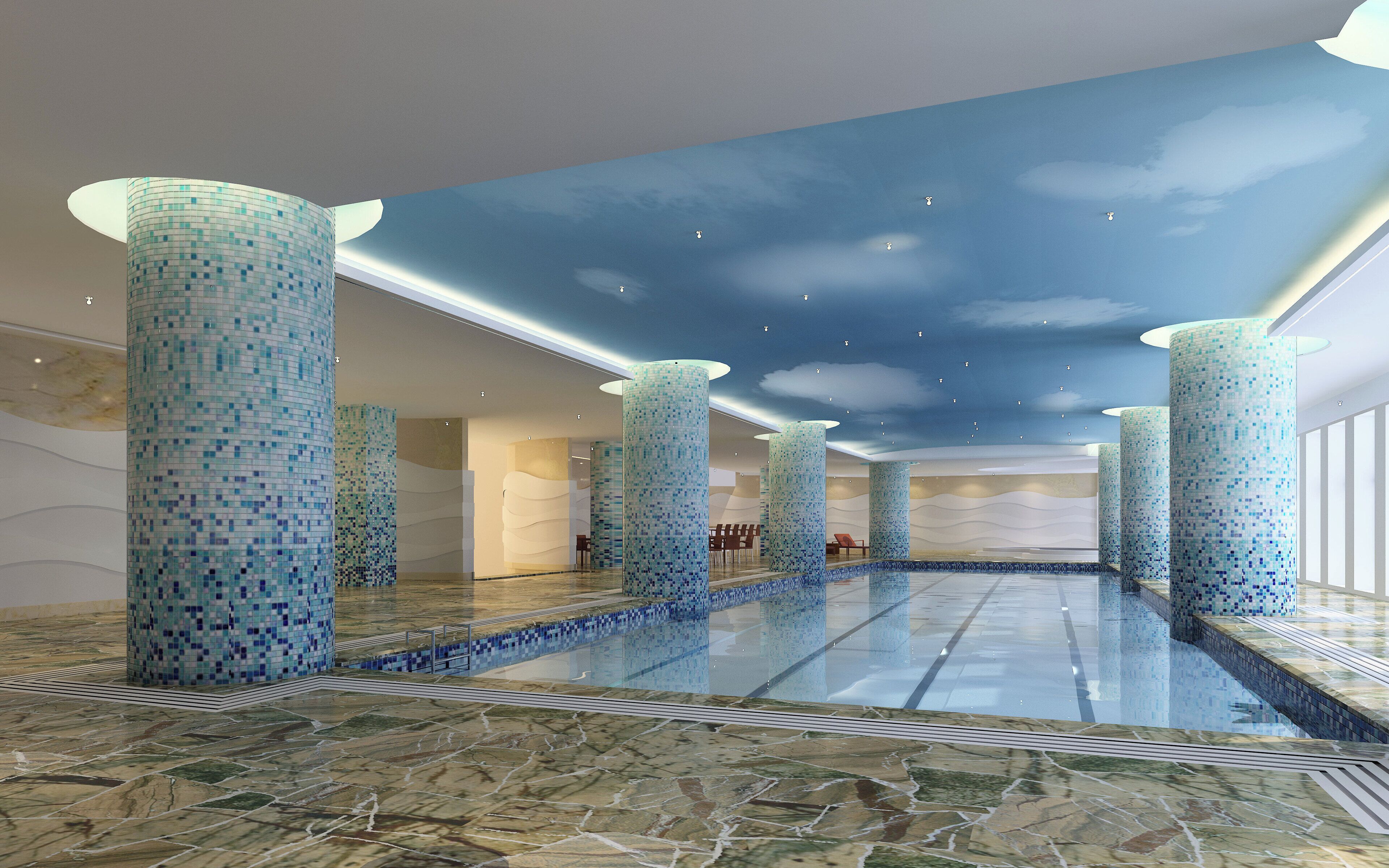 indoor pool, open 7:30 am to 11:00 pm, pool loungers, lifeguards on site