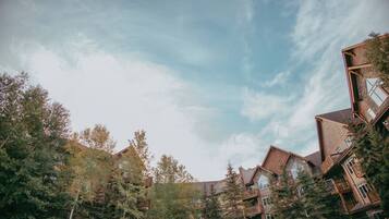 A multi-story building with a rustic architectural style, surrounded by trees.
