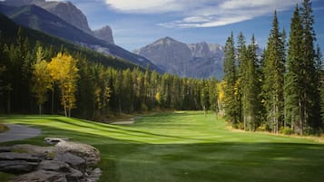 Escape to a serene golf course surrounded by mountains and forests, perfect for a challenging and scenic game.