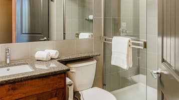 Een moderne badkamer met een wastafelblad van graniet, een toilet, een glazen douchecabine en een spiegel boven de wastafel.