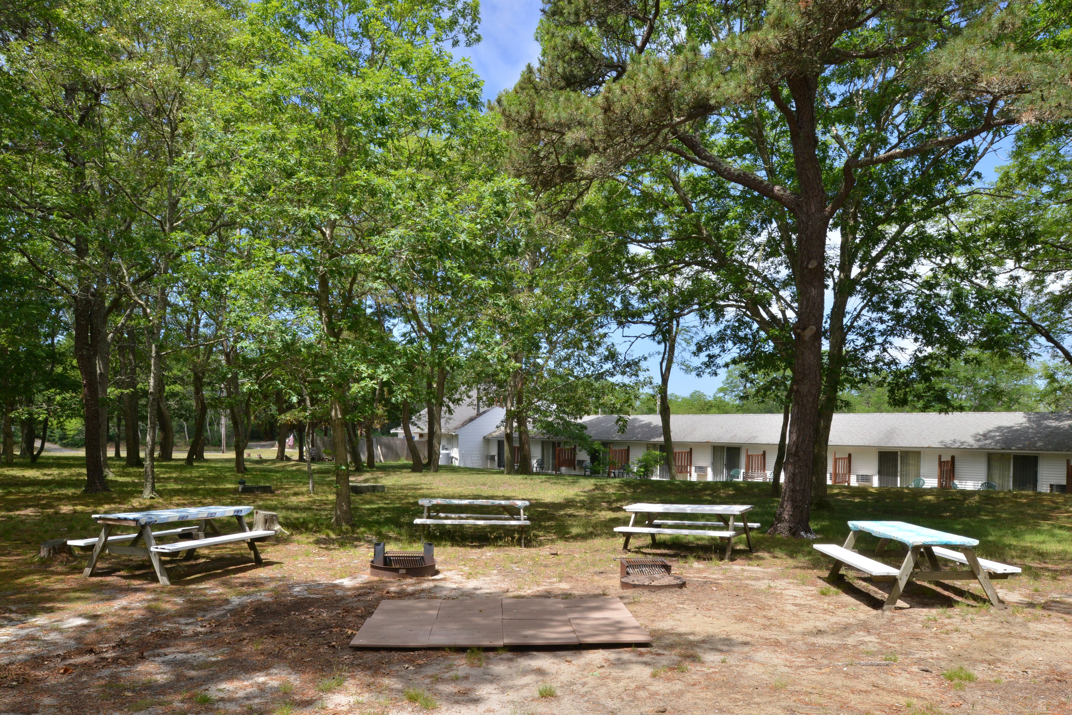 A campground with picnic tables and a large open area.