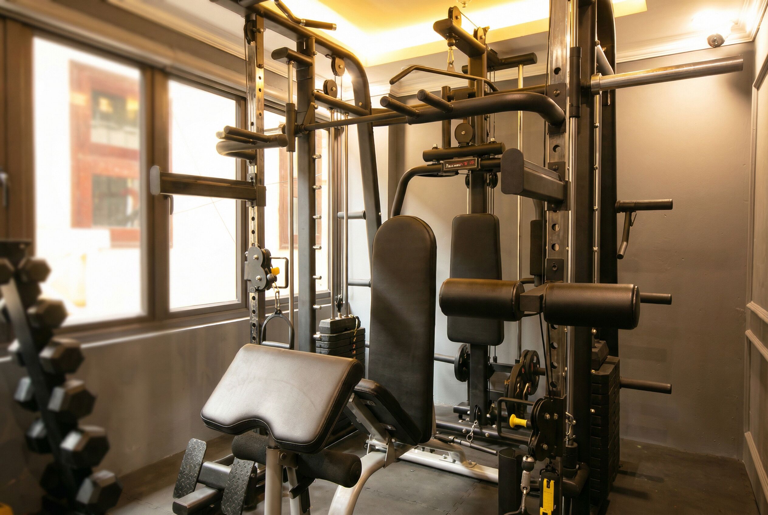 A gym with various exercise equipment, including dumbbells and weight machines.