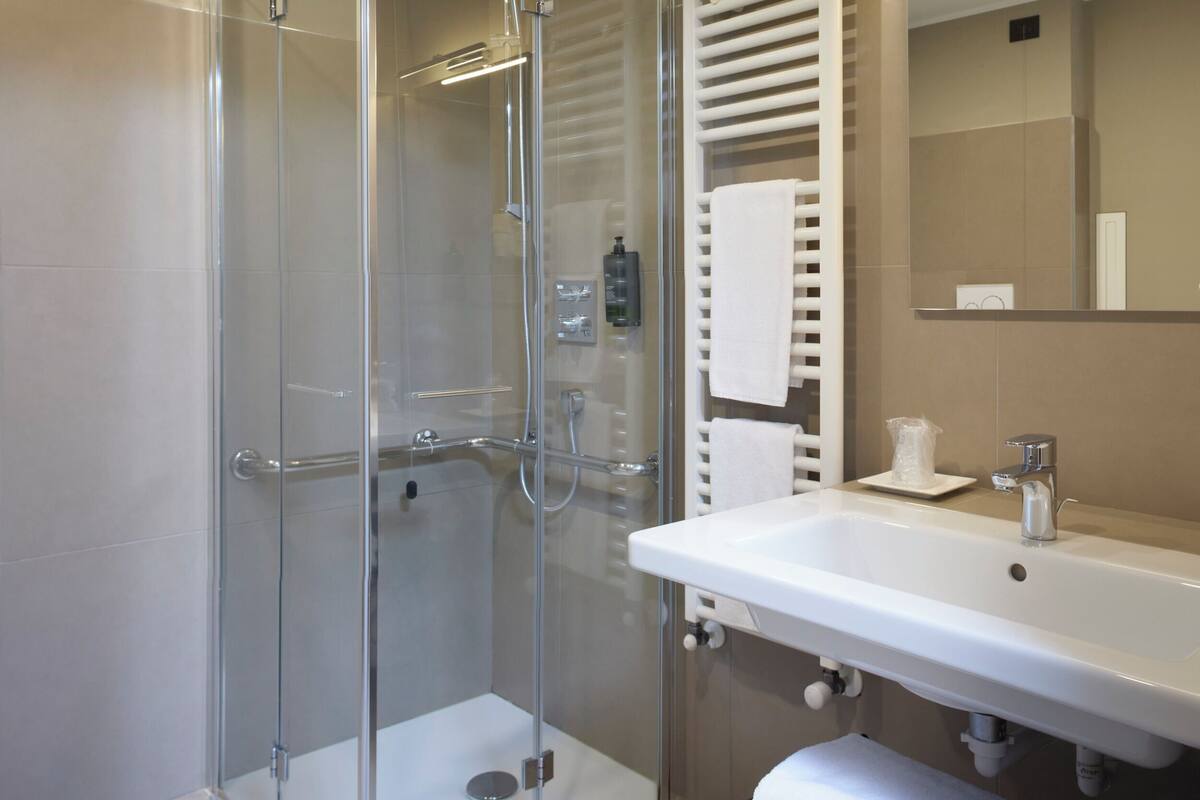 shower, hair dryer, bidet, towels