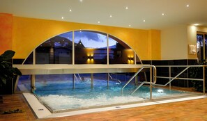 Indoor pool, outdoor pool, pool umbrellas, sun loungers