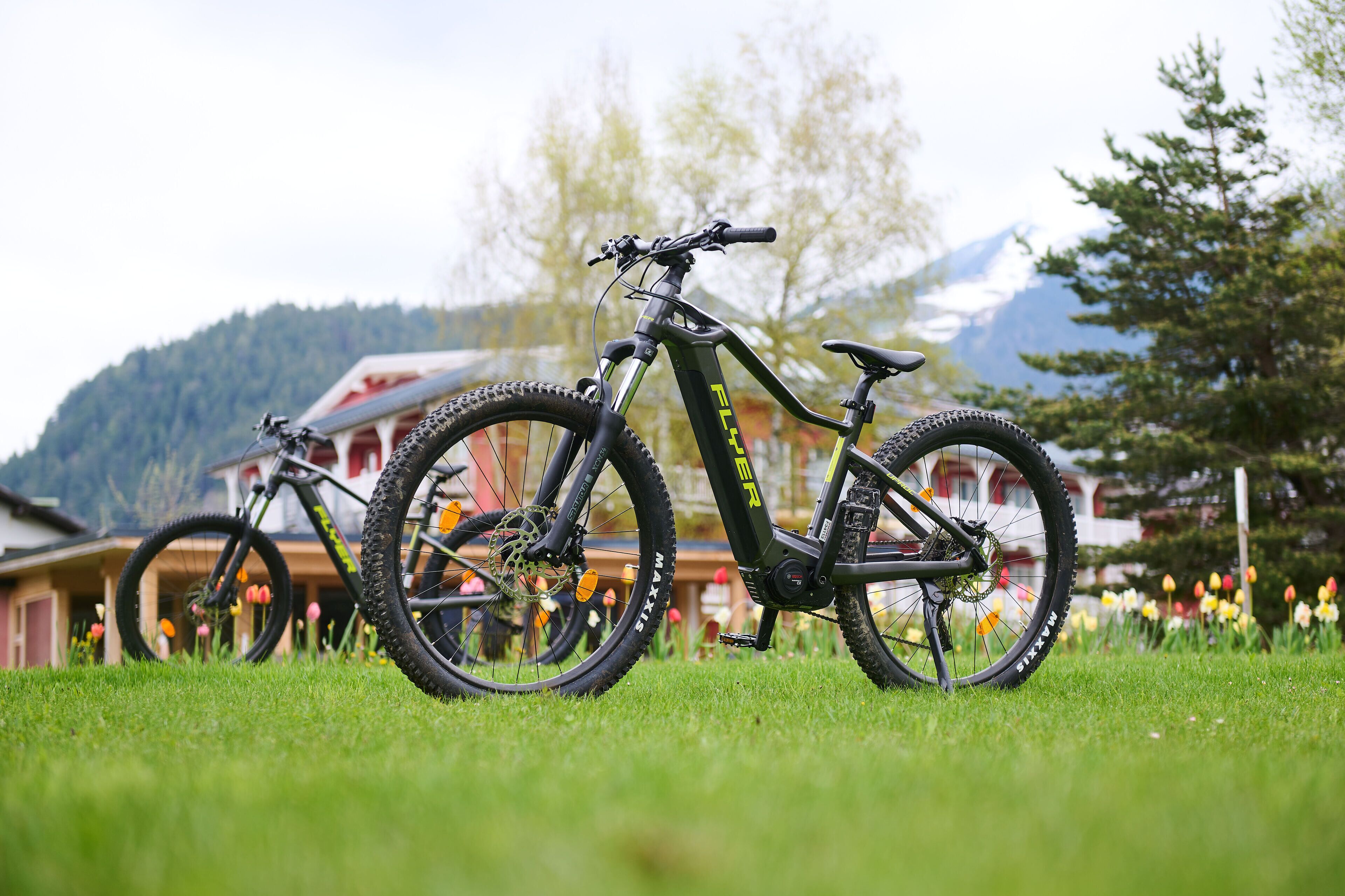 A mountain bike in a grassy area with a house and mountains in the background.