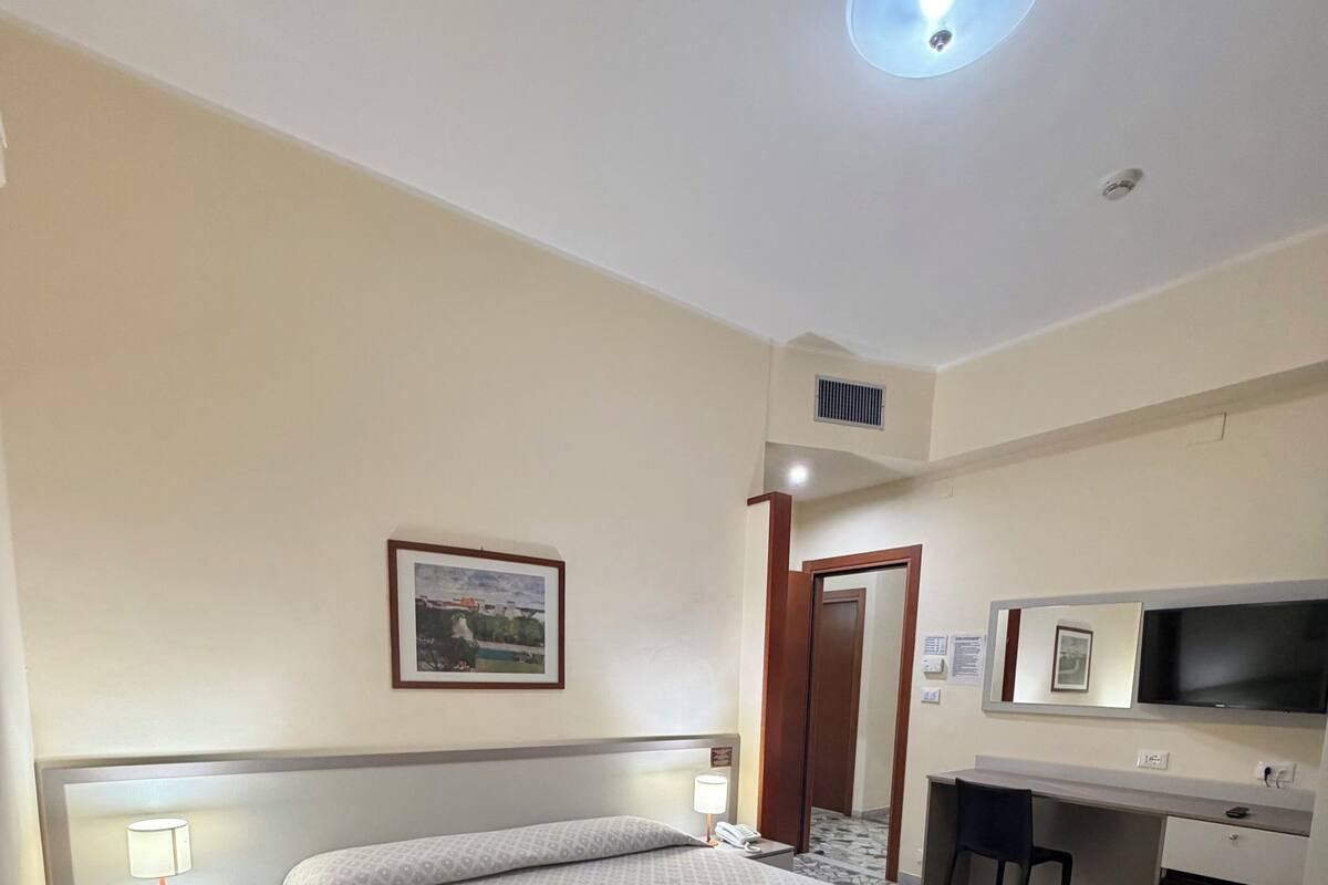 A hotel room with a bed, a desk, a television, a picture on the wall, and a patterned floor.